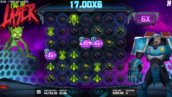 Screenshot of Fire my Laser slot demo showing reels and bonus game features