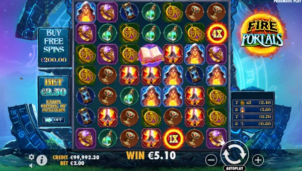 Fire Portals base game screenshot showing reels and features