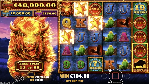 Screenshot of Fire Stampede 2 slot demo showing reels and bonus game features