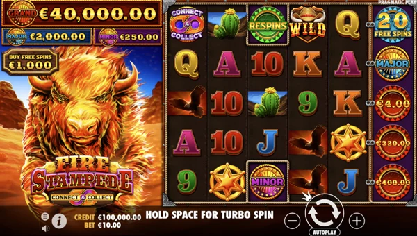 Fire Stampede base game screenshot showing reels and features