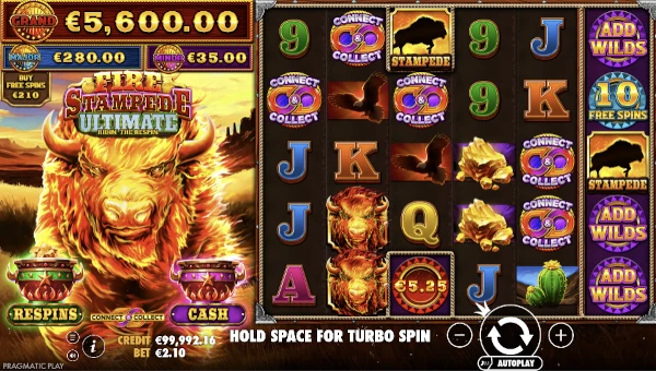 Fire Stampede Ultimate base game screenshot showing reels and features