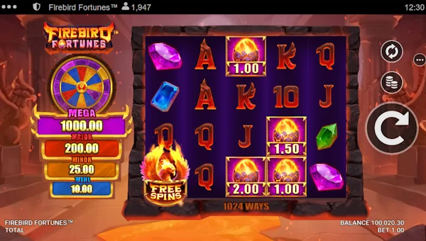 Firebird Fortunes base game screenshot showing reels and features