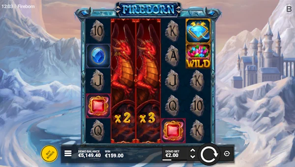 Fireborn base game screenshot showing reels and features