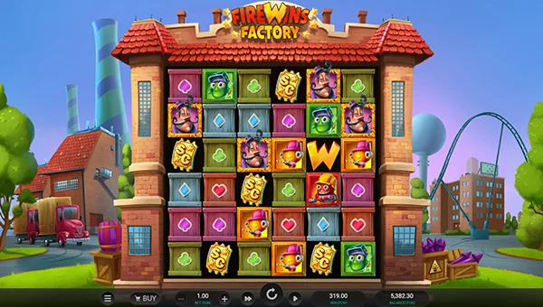 Firewins Factory base game screenshot showing reels and features