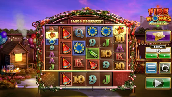 Fireworks Megaways base game screenshot showing reels and features
