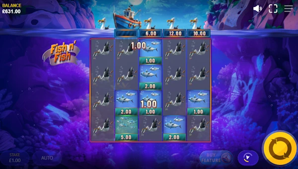 Screenshot of Fish N Fish slot demo showing reels and bonus game features