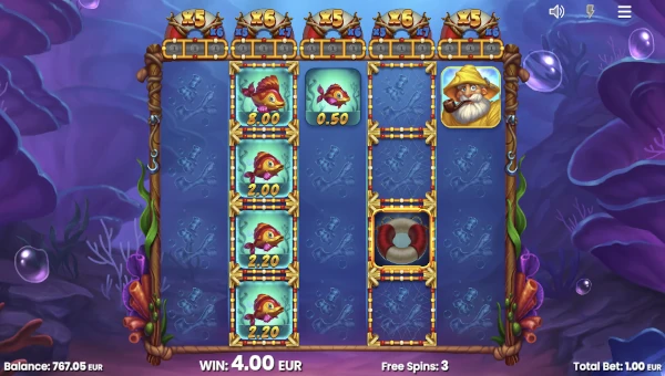 Screenshot of Fish n Nudge Big Catch slot demo showing reels and bonus game features
