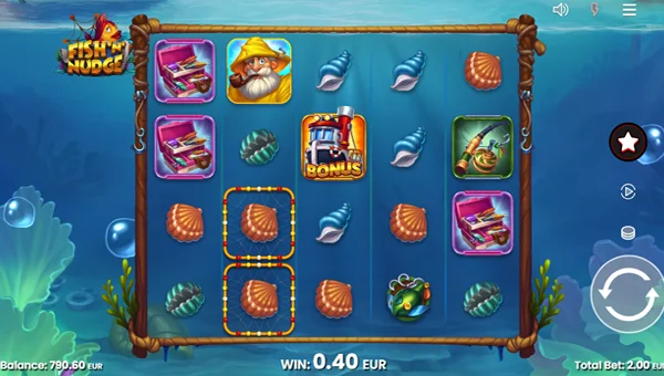 Fish n Nudge base game screenshot showing reels and features