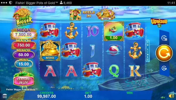 Fishin Bigger Pots of Gold base game screenshot showing reels and features