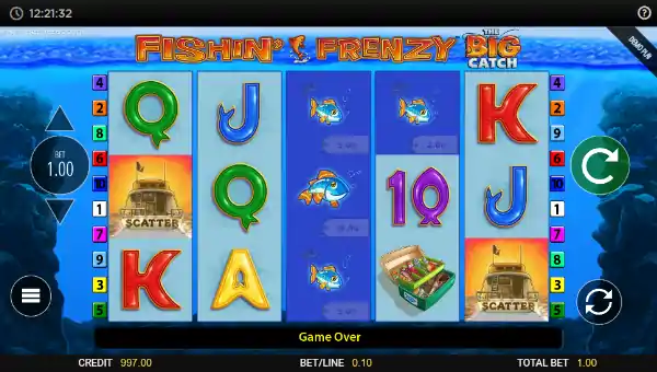 Fishin Frenzy The Big Catch base game screenshot showing reels and features