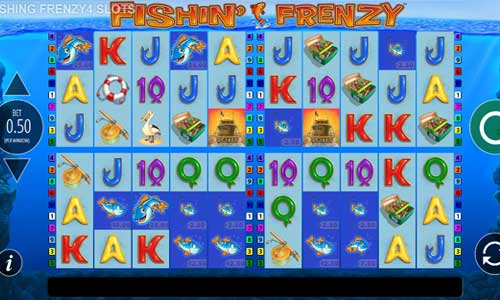 Fishin Frenzy Power 4 Slots base game screenshot showing reels and features