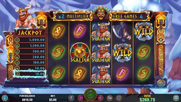 Screenshot of Fjords Fortune slot demo showing reels and bonus game features