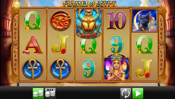 Flames of Egypt base game screenshot showing reels and features