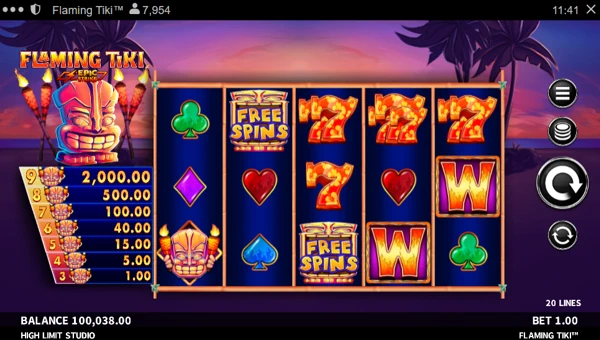 Flaming Tiki base game screenshot showing reels and features