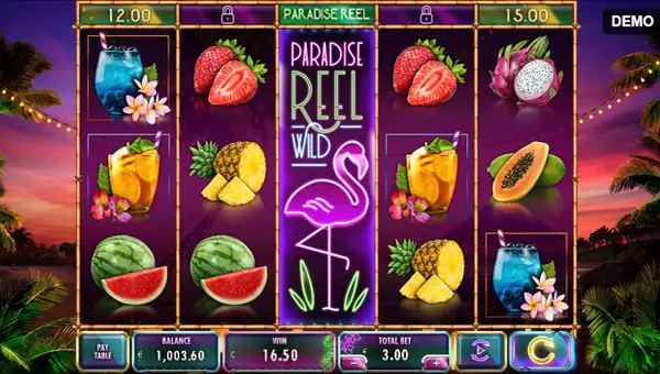 Flamingo Paradise base game screenshot showing reels and features
