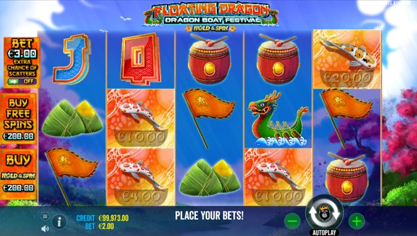 Floating Dragon Dragon Boat Festival base game screenshot showing reels and features