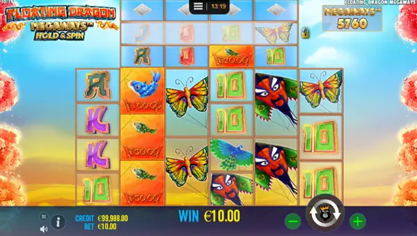 Floating Dragon Megaways base game screenshot showing reels and features