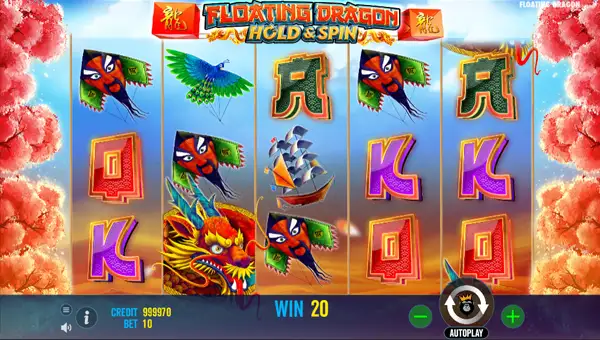 Floating Dragon base game screenshot showing reels and features