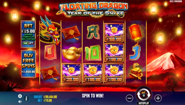 Floating Dragon Year of the Snake base game screenshot showing reels and features