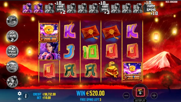 Screenshot of Floating Dragon Year of the Snake slot demo showing reels and bonus game features