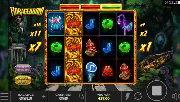 Florageddon base game screenshot showing reels and features