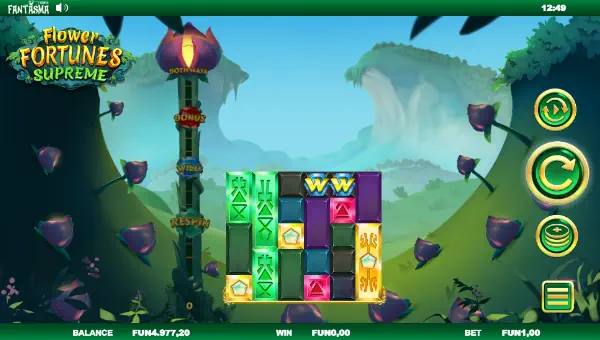 Flower Fortunes Supreme base game screenshot showing reels and features