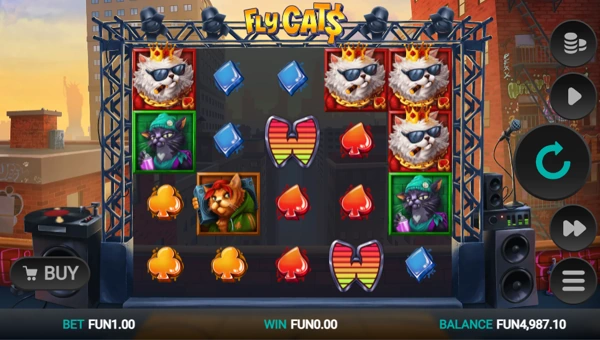 Fly Cats Dream Drop base game screenshot showing reels and features