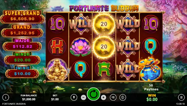 Fortunate Buddha base game screenshot showing reels and features
