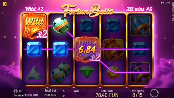 Screenshot of Fortune Bells slot demo showing reels and bonus game features