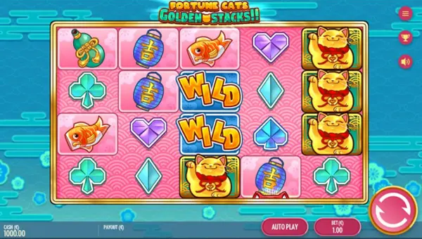 Fortune Cats Golden Stacks base game screenshot showing reels and features