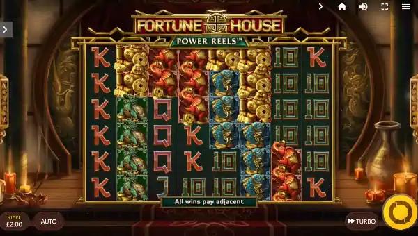Fortune House Power Reels base game screenshot showing reels and features