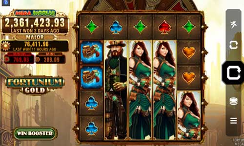 Fortunium Gold Mega Moolah base game screenshot showing reels and features