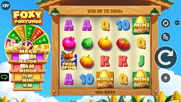 Foxy Fortunes base game screenshot showing reels and features