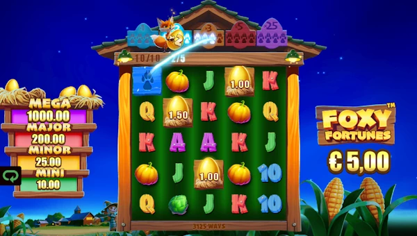 Screenshot of Foxy Fortunes slot demo showing reels and bonus game features