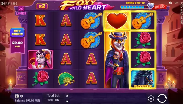 Foxy Wild Heart base game screenshot showing reels and features