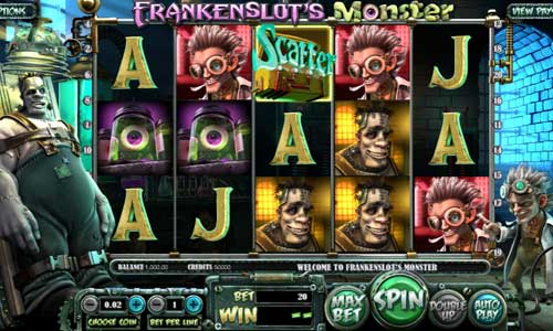 Frankenslots Monster base game screenshot showing reels and features