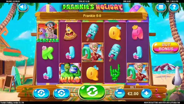 Frankies Holiday base game screenshot showing reels and features