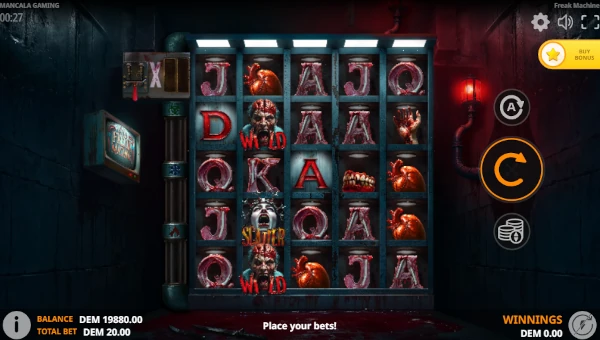Freak Machine base game screenshot showing reels and features