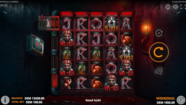 Screenshot of Freak Machine slot demo showing reels and bonus game features