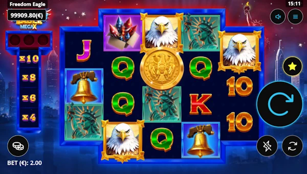Freedom Eagle Mega X base game screenshot showing reels and features