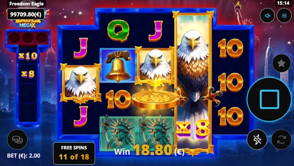 Screenshot of Freedom Eagle Mega X slot demo showing reels and bonus game features