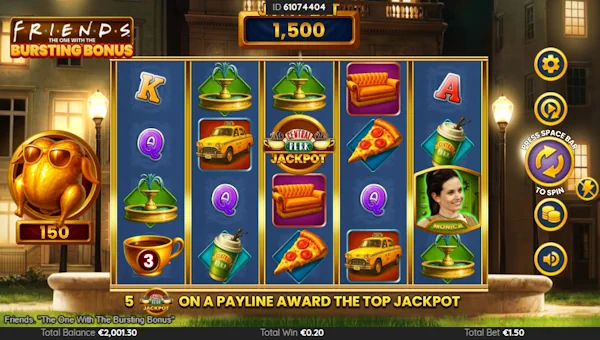 Friends The One With The Bursting Bonus base game screenshot showing reels and features