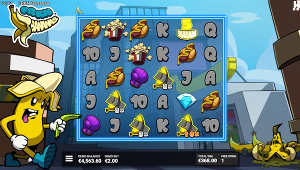 Screenshot of FRKN Bananas slot demo showing reels and bonus game features