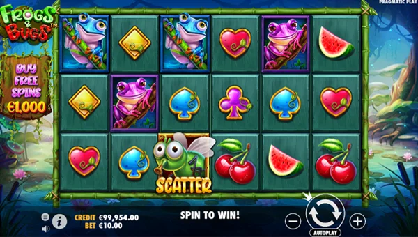 Frogs and Bugs base game screenshot showing reels and features