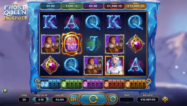 Frost Queen Jackpots base game screenshot showing reels and features