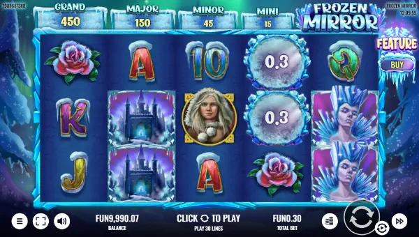 Frozen Mirror base game screenshot showing reels and features