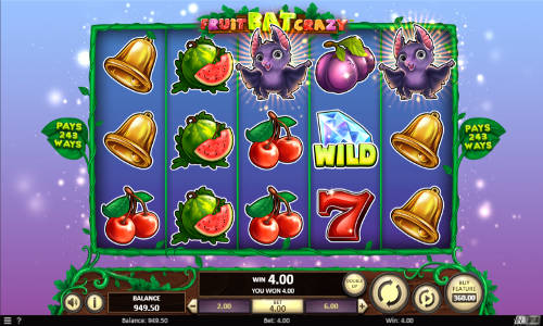 Fruit Bat Crazy base game screenshot showing reels and features