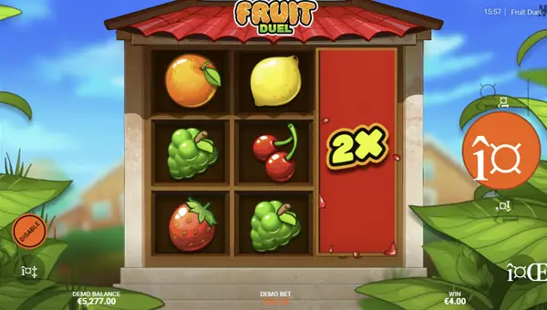 Fruit Duel base game screenshot showing reels and features