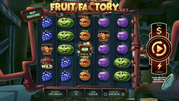 Fruit Factory base game screenshot showing reels and features