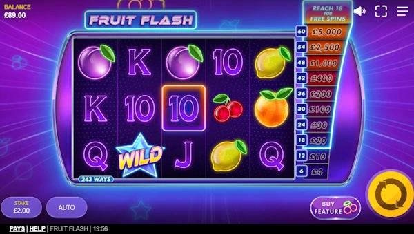 Fruit Flash base game screenshot showing reels and features